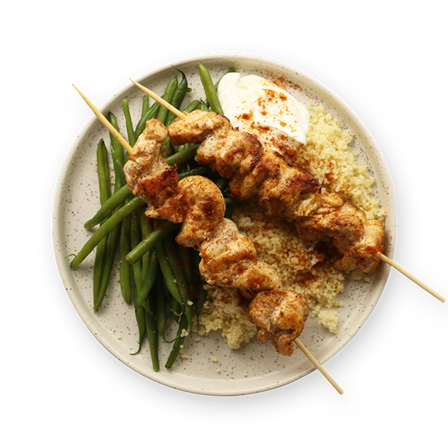 Brochettes dinde, haricots & semoule.webp
