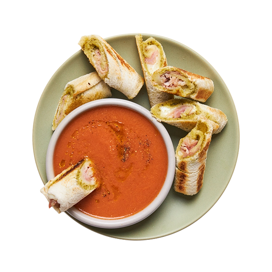 Gazpacho & roulés mozza, jambon, pesto.webp