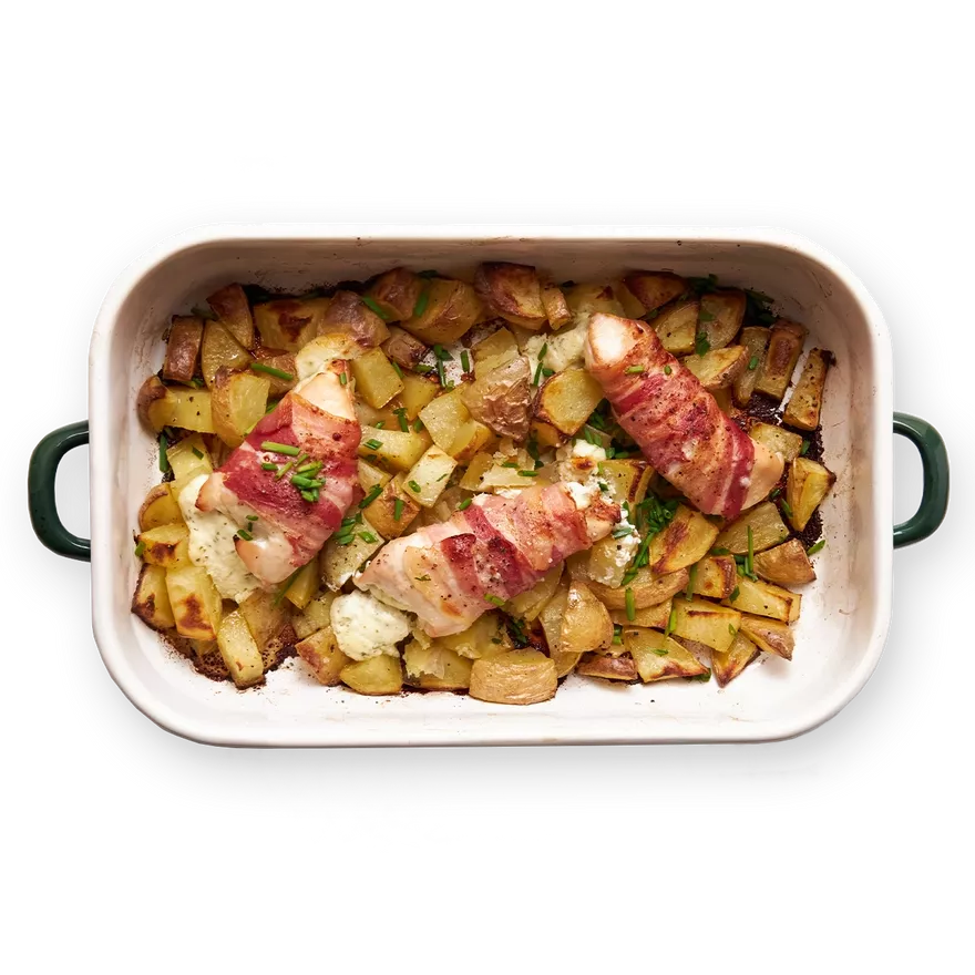 Poulet boursin, lard & pommes de terre sautées.webp