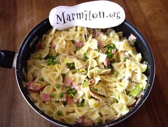 Pâtes aux petits pois, poireaux et bacon.webp