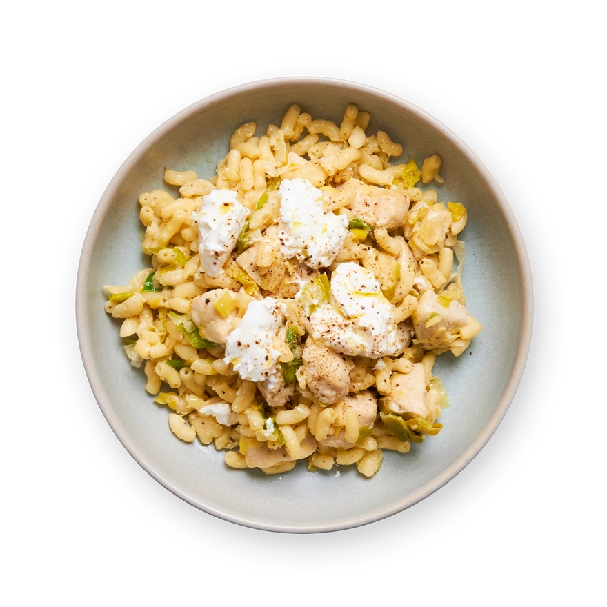 Risotto de coquillettes poireaux, poulet & chèvre.webp