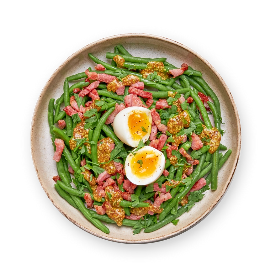 Salade haricots verts, lardons & œuf mollet.webp