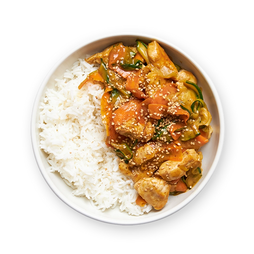 Wok légumes sautés, poulet & sauce cacahuète.webp